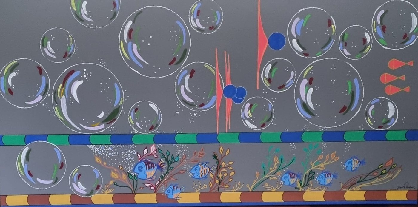 Peinture de benoît Renaux : « Bubbles », bulles et petits poissons sur fond gris ardoise