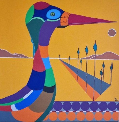 The crane knows no borders, it flies between worlds, a messenger of transition — peinture de benoît Renaux