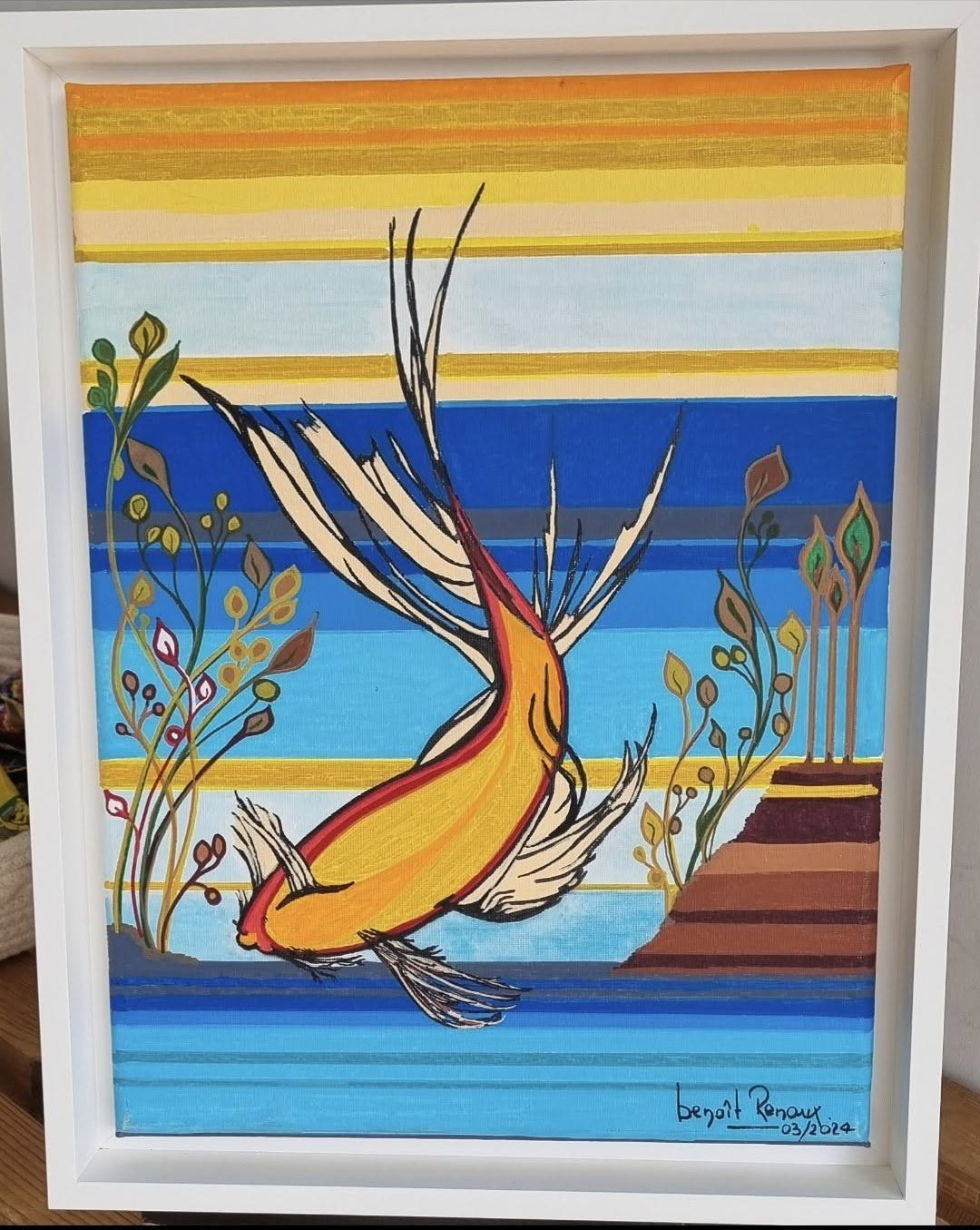 Peinture de benoît Renaux : « Diving », poisson doré stylisé plongeant devant un fond en bandes