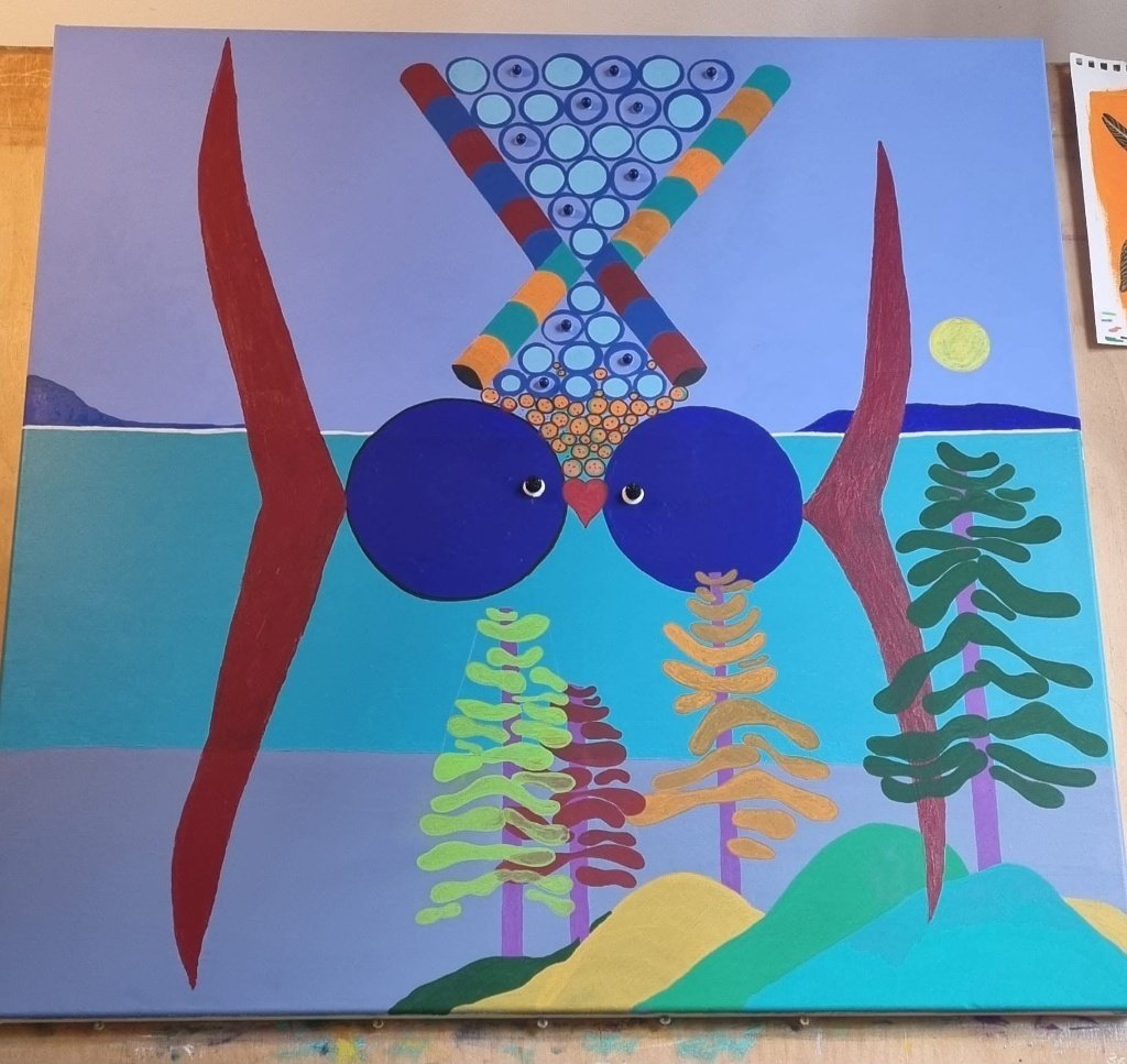Peinture de benoît Renaux : « Kissing Fishes », deux poissons face à face devant des arbres stylisés