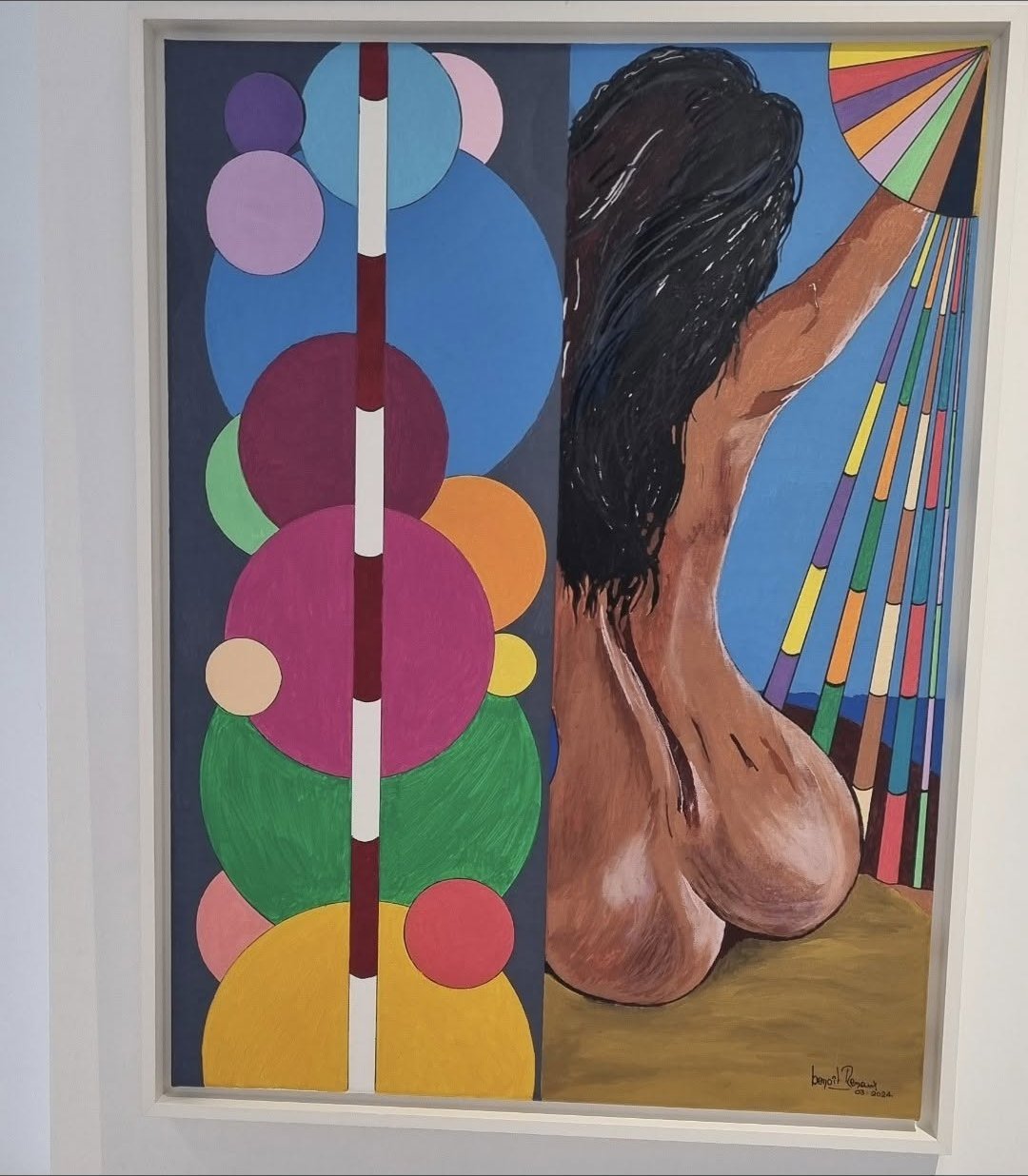 Peinture de benoît Renaux : « Peachy bum », figure de dos devant des cercles colorés et des rayons multicolores