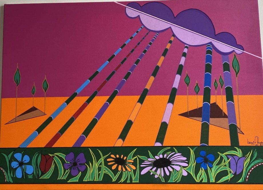 Peinture de benoît Renaux : « Pieces of heaven on earth », des rayons rayés descendent d'un nuage violet sur un paysage orange, au-dessus d'une bande de fleurs